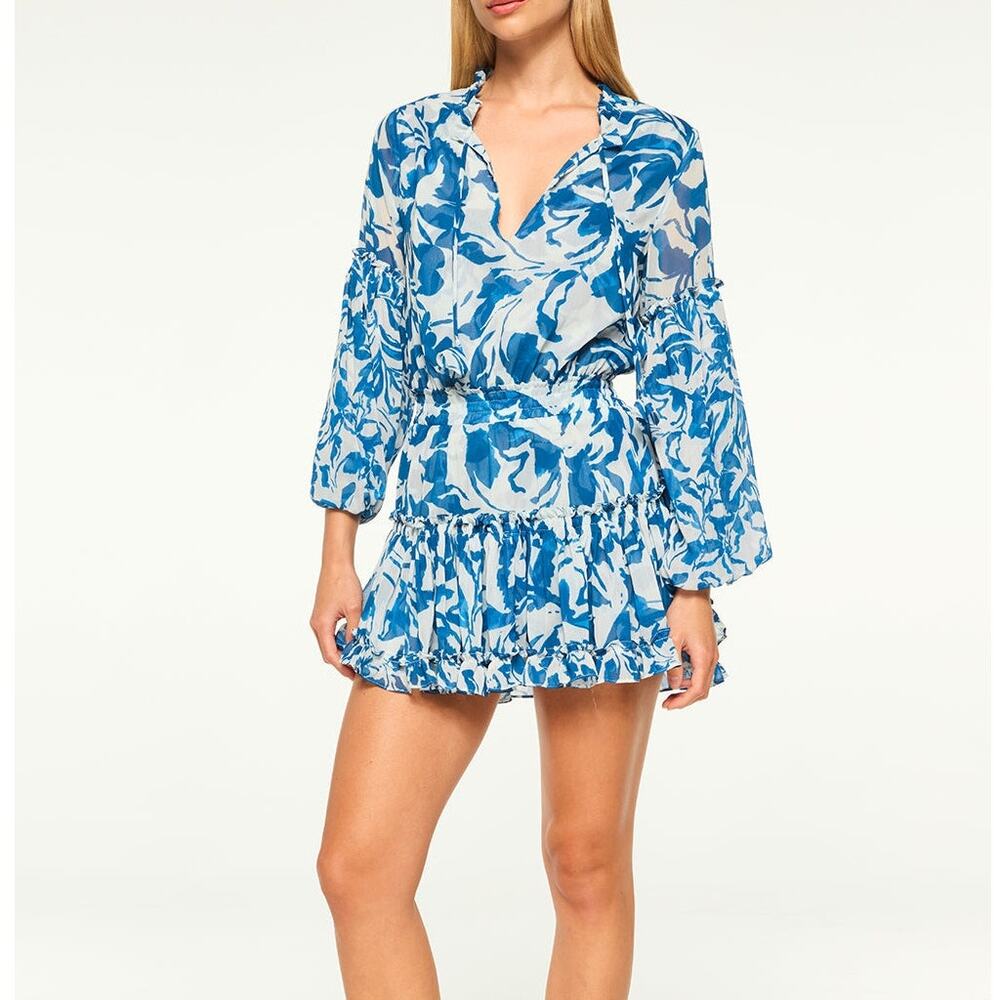Misa Elisabetta Blue White Chiffon Mini Dress Medium Women's Long Sleeve Flowy